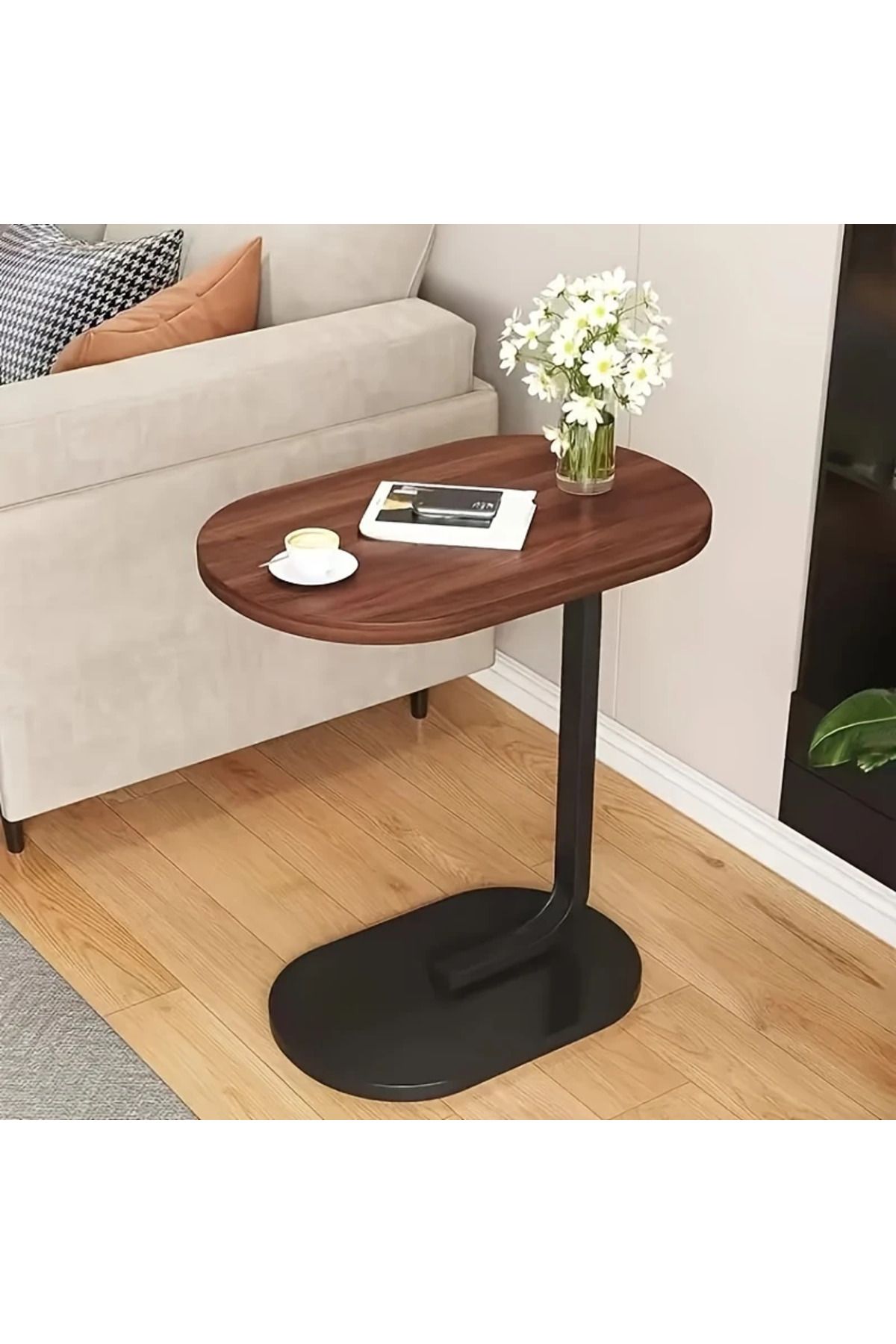 Generic-Modern Coffee Table | C-Shaped Side Table with Brown Wood Top and Black Metal Frame 60x28x40 cm 2