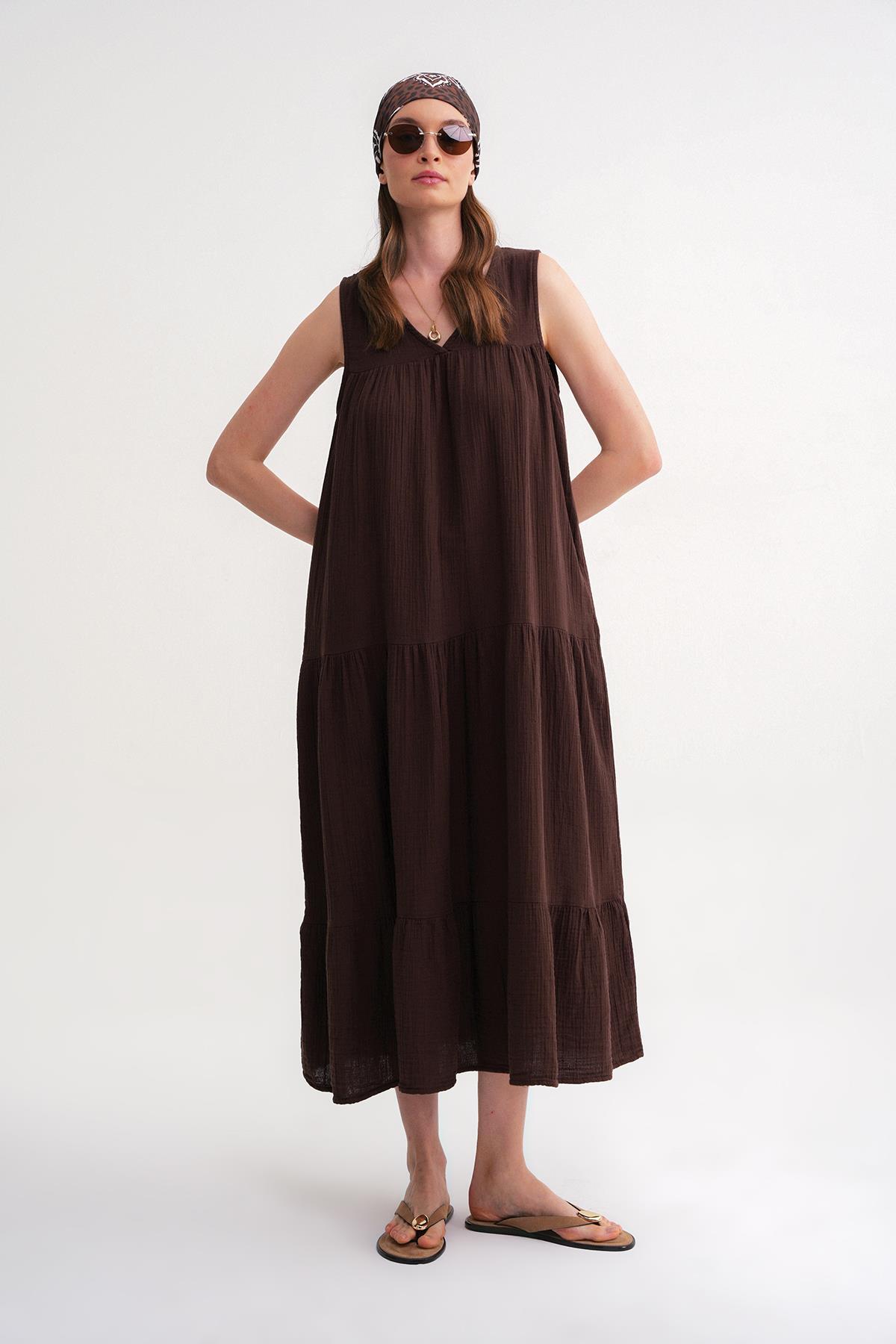 Mixray  4673 Kadın Büzgü Detaylı Müslin Elbise Kahve - Görsel 5