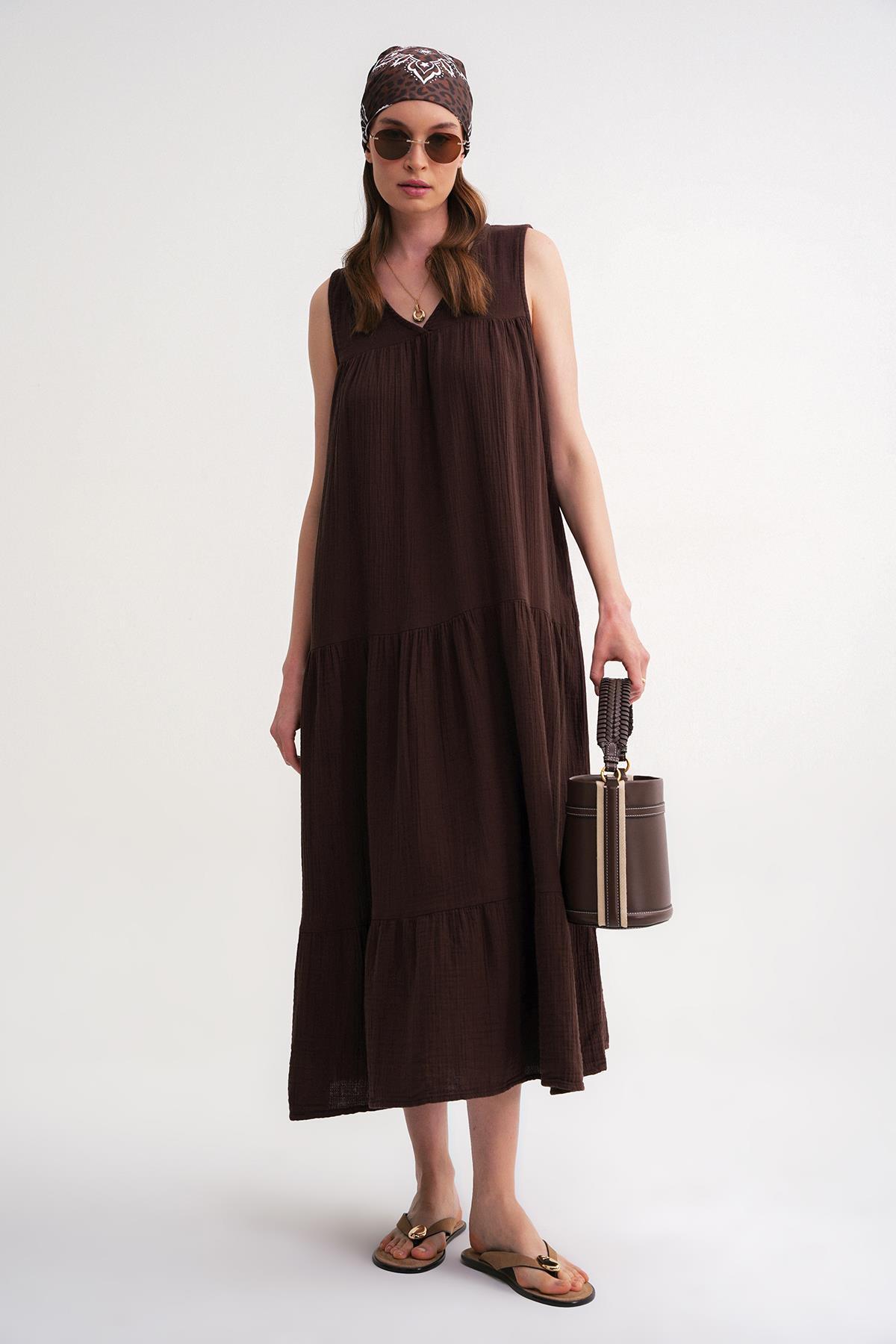 Mixray  4673 Kadın Büzgü Detaylı Müslin Elbise Kahve - Görsel 2