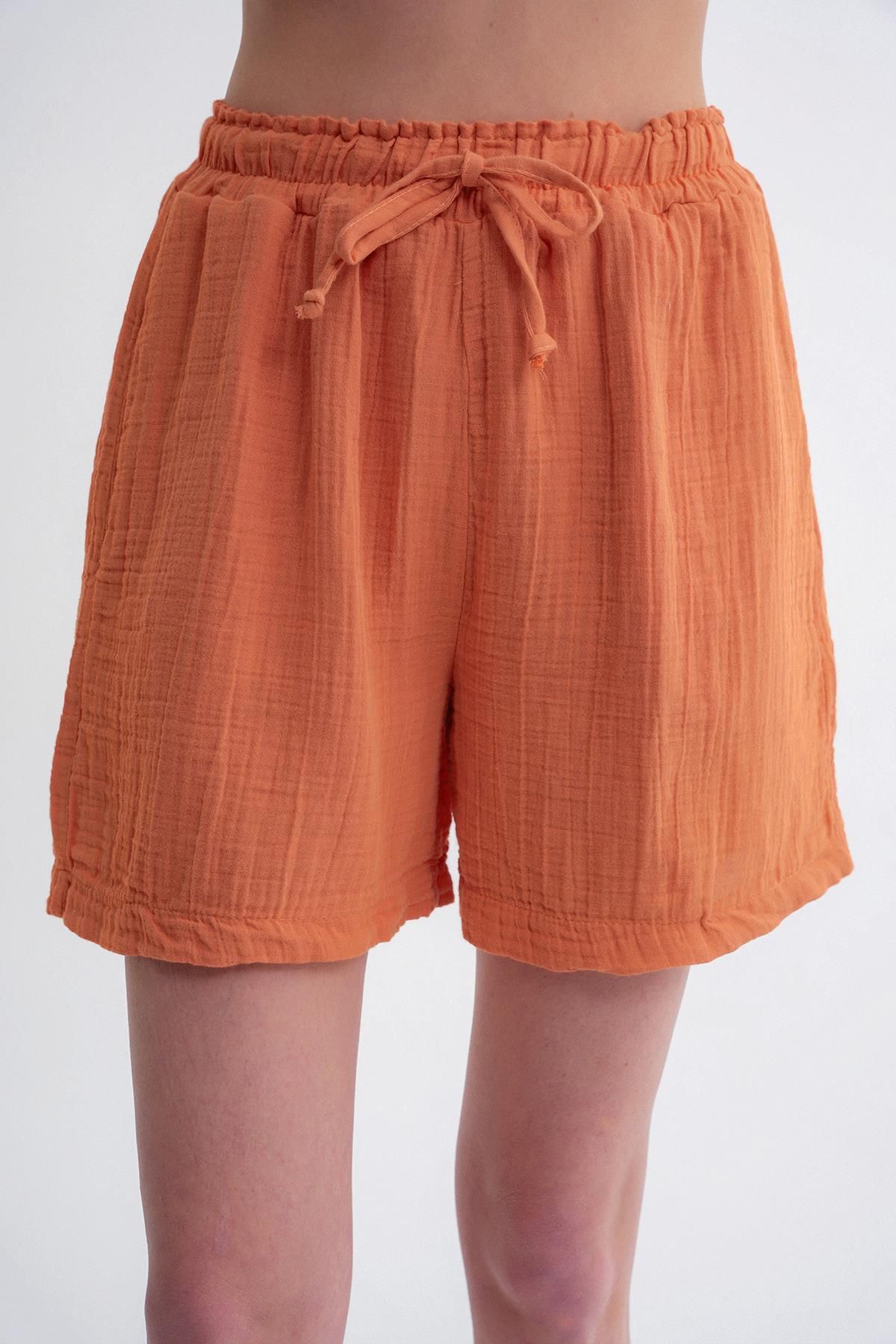 Mixray-Women's Elastic Waist Muslin Shorts - Orange 7