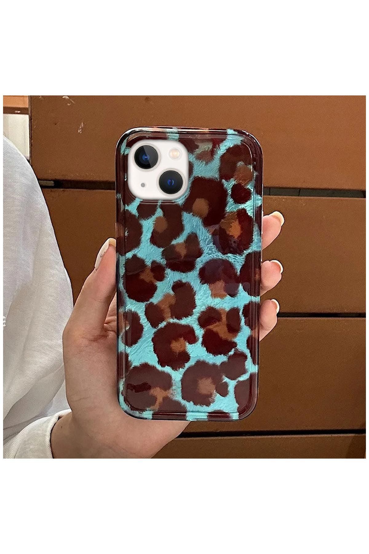 Pro Aksesuar Apple iPhone 15 Uyumlu Kılıf Lüx Leopar Desenli Silikon Kılıf Kahverengi