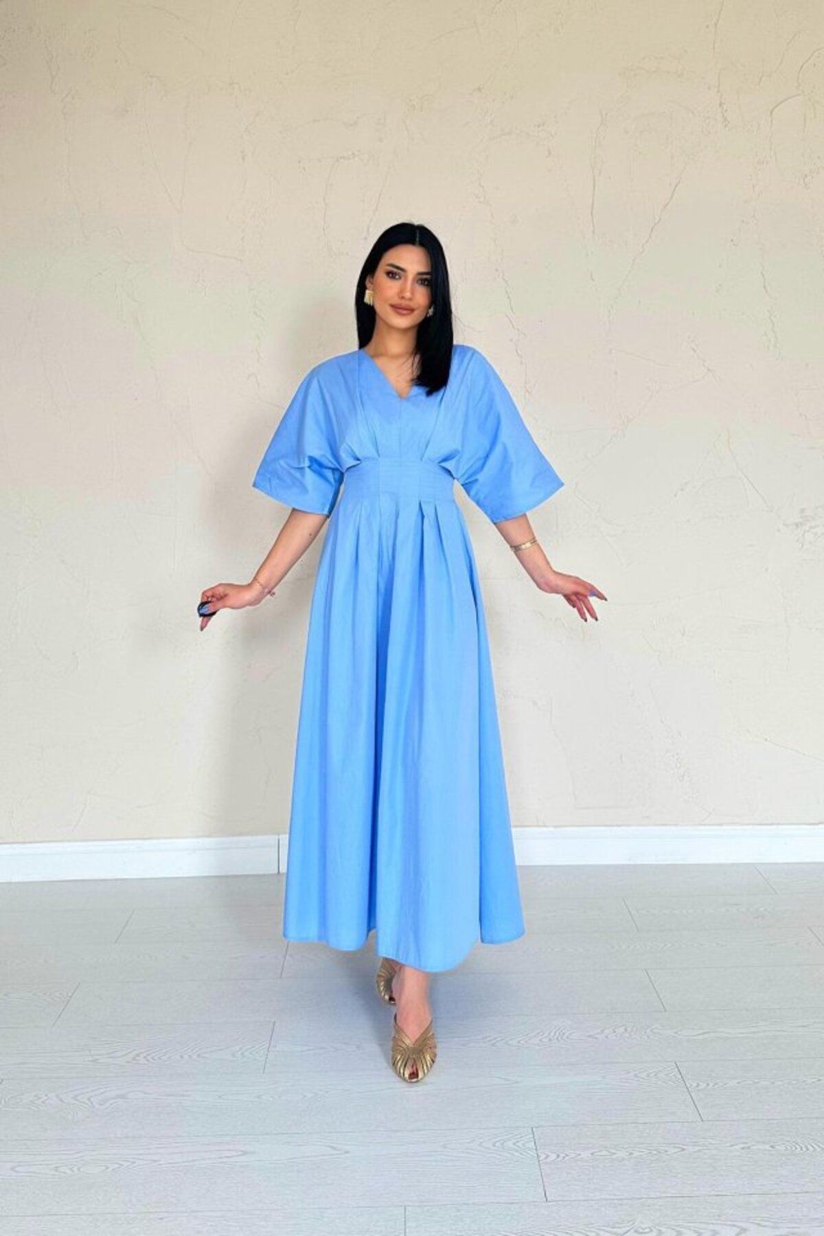 velmorafashion Mavi Pileli Uzun Elbise