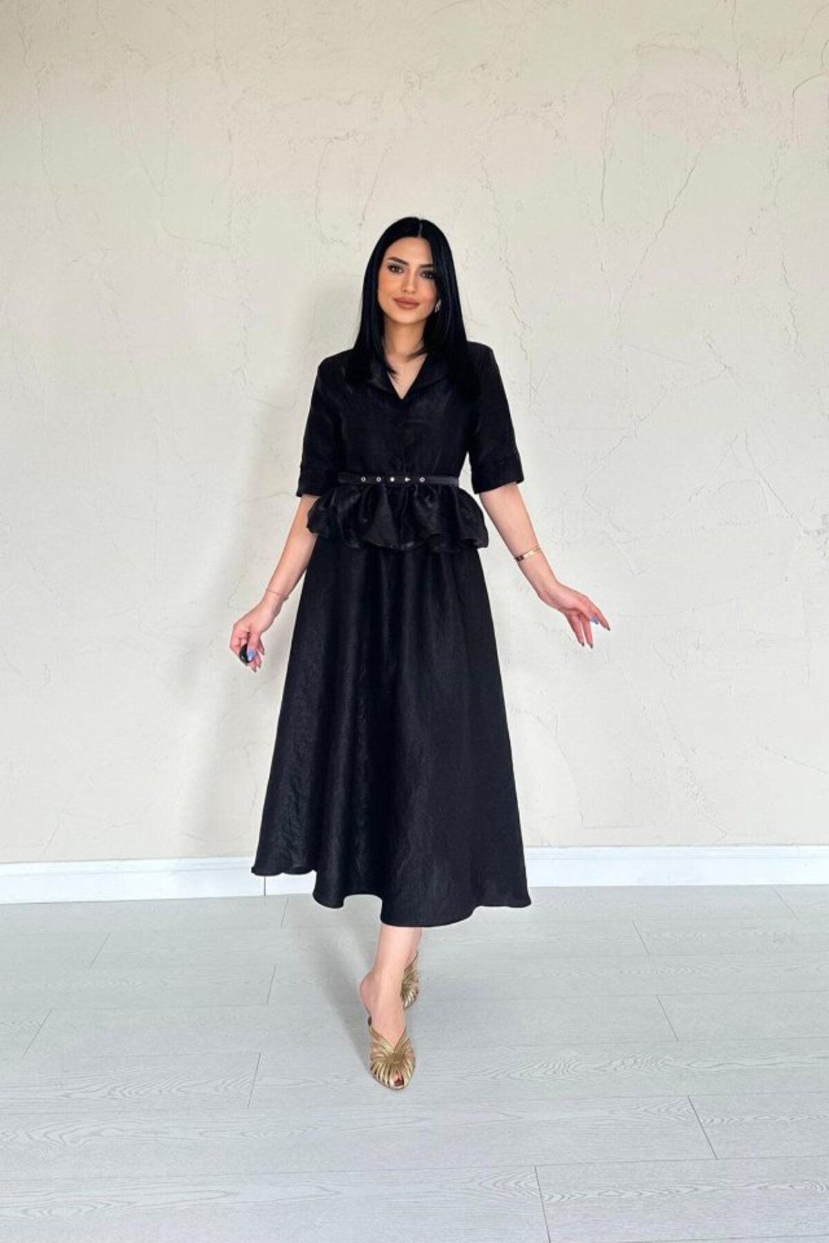 velmorafashion Siyah İnce Kemerli Fırfırlı Ceket Ve Büzgülü Etek Takım