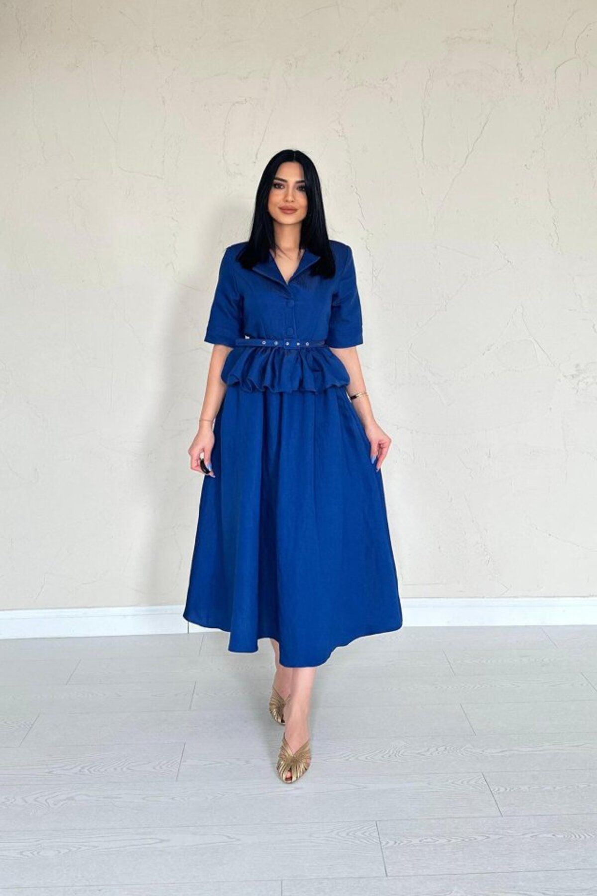 velmorafashion Lacivert İnce Kemerli Fırfırlı Ceket Ve Büzgülü Etek Takım