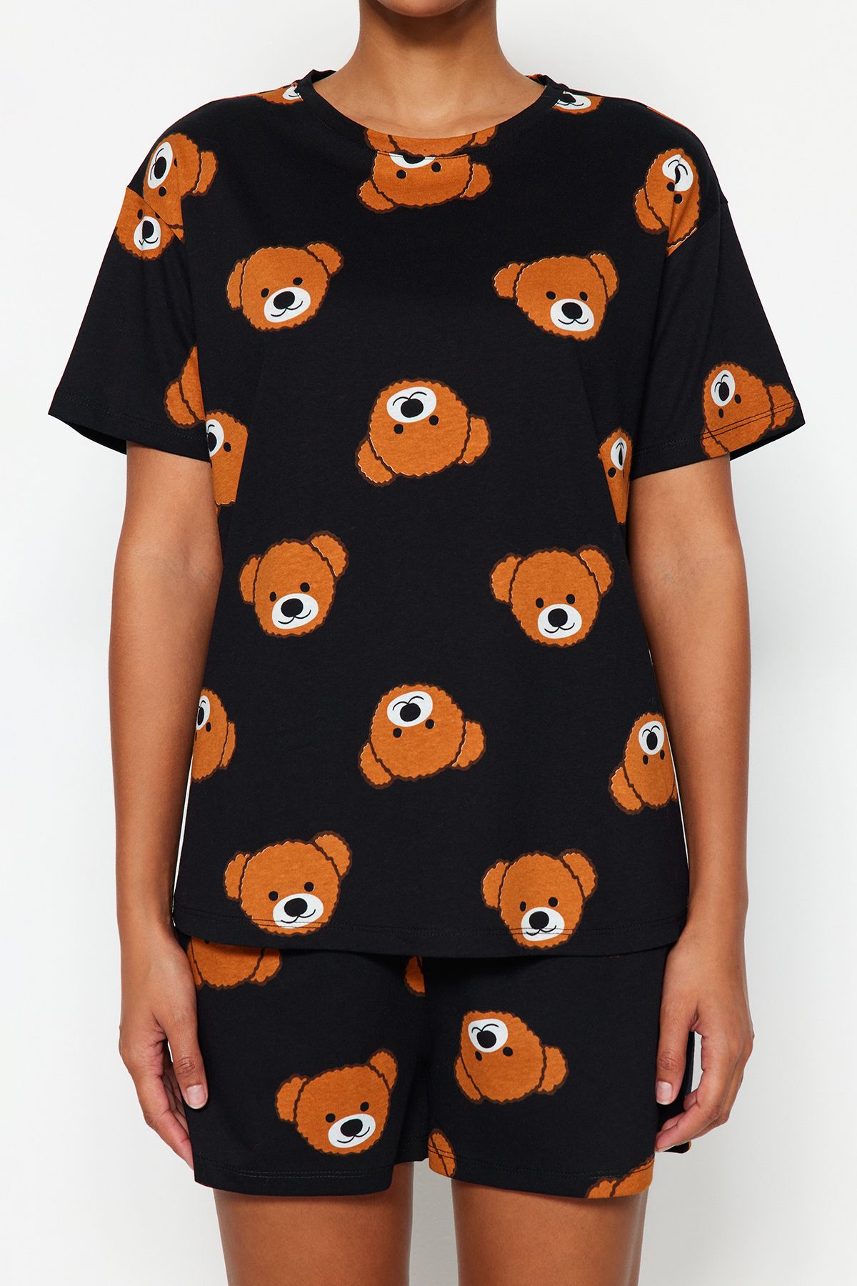 Trendyol Collection-Damen Family/Family Schwarzes Teddybär-Shorts-Set aus 100 % Baumwolle, gestrickter Pyjama THMSS23PT00005 6