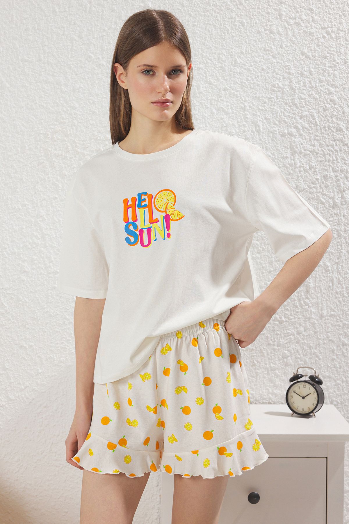 Trendyol Collection-Dámské Mini Me/Mom Girls Bílá 100% bavlna Ovocný vzor Šortky Pletené pyžamo Set THMSS25PT00295 6