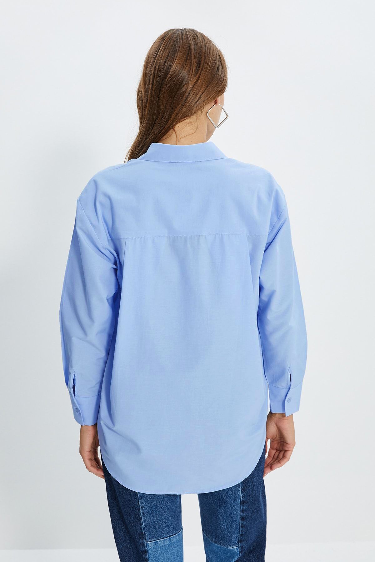 Trendyol Collection-Cămașă albastră din bumbac, cu un singur buzunar, țesută din bumbac TWOAW20GO0115 7