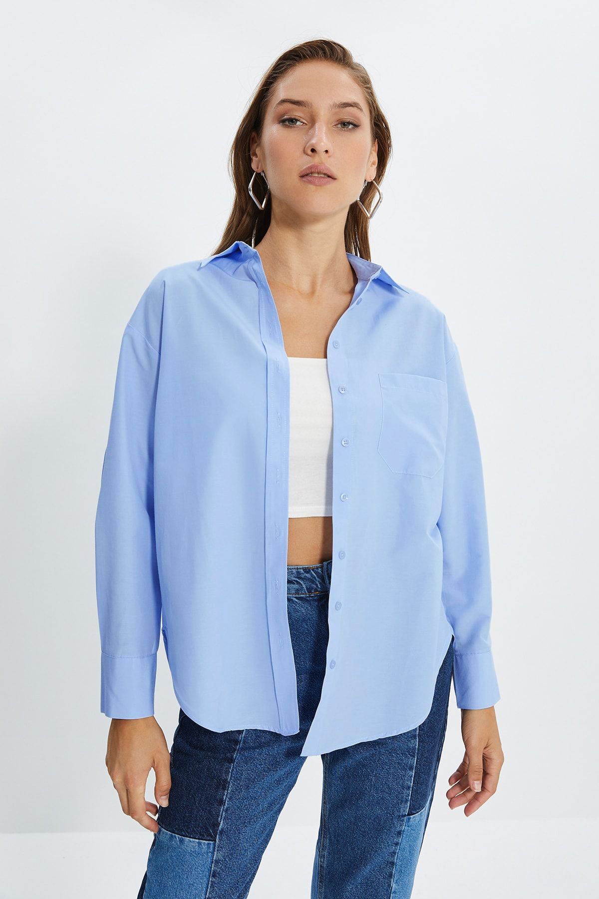 Trendyol Collection-Cămașă albastră din bumbac, cu un singur buzunar, țesută din bumbac TWOAW20GO0115 3