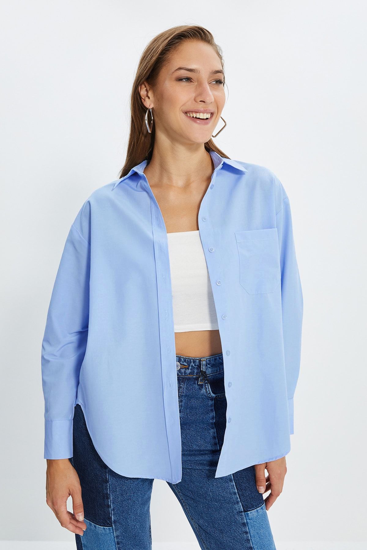 Trendyol Collection-Cămașă albastră din bumbac, cu un singur buzunar, țesută din bumbac TWOAW20GO0115 4