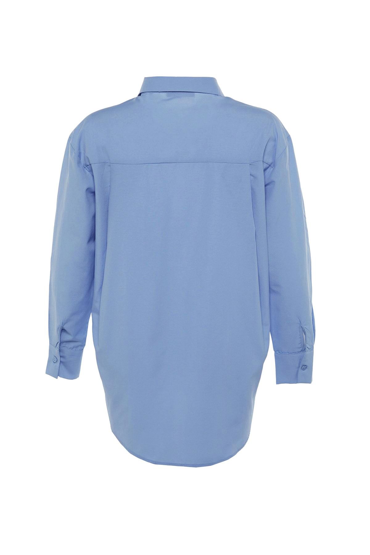 Trendyol Collection-Cămașă albastră din bumbac, cu un singur buzunar, țesută din bumbac TWOAW20GO0115 9