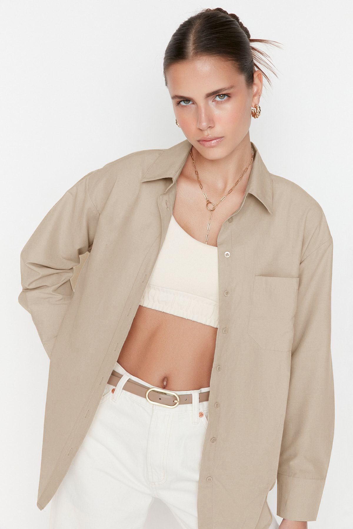 Trendyol Collection Wide Fit Cotton Shirt - Single Pocket, Gray, Boyfriend Fit TWOAW20GO0115
