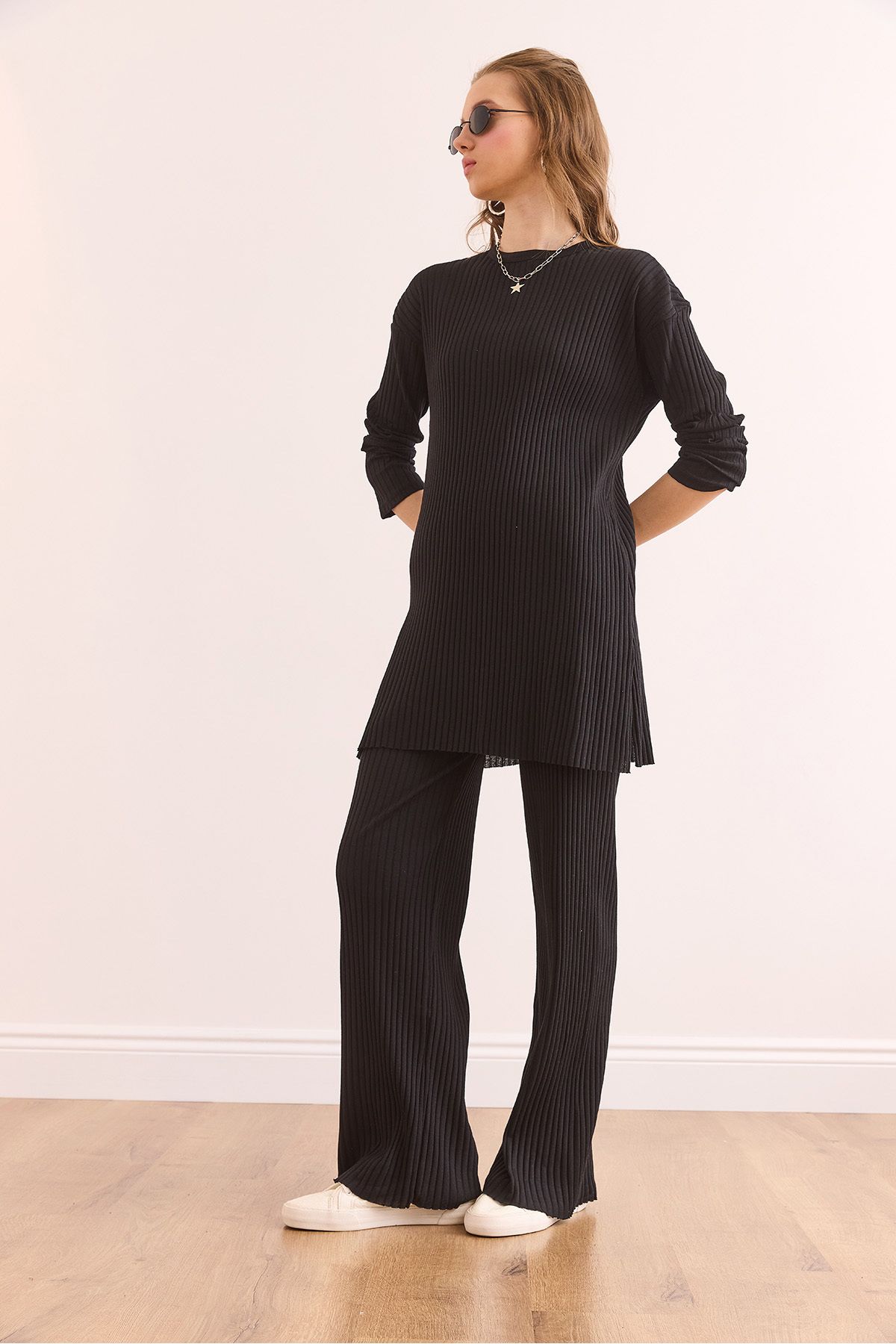 Olalook-Schwarzes Oberteil mit Schlitz, Bluse, Unterteil, Palazzo-Kostüm für Damen, Kordelzug, TKM-19000180 2