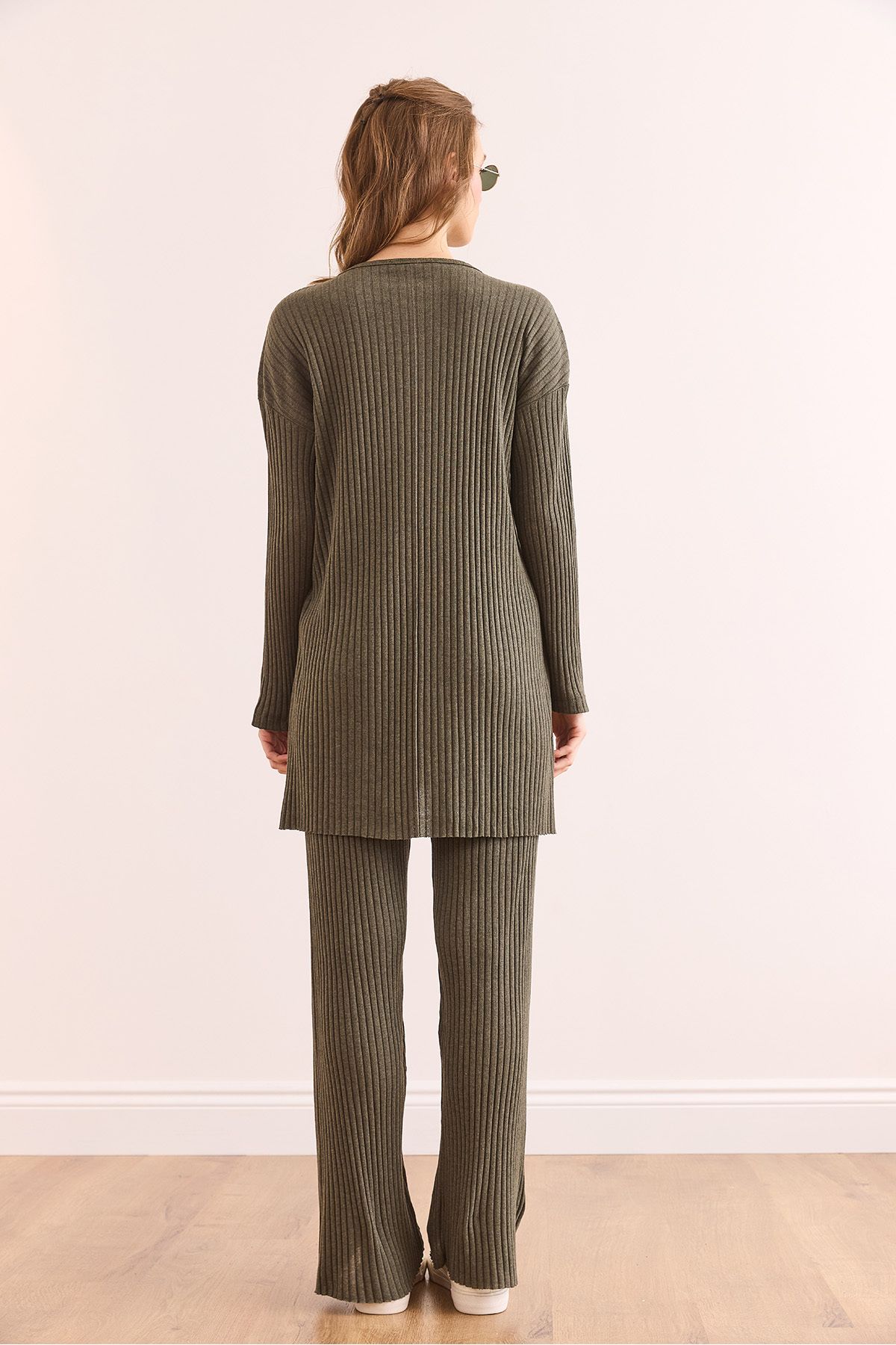 Olalook-Damen Khaki Oberteil Schlitz Bluse Unterteil Palazzo Kordel Anzug TKM-19000180 7