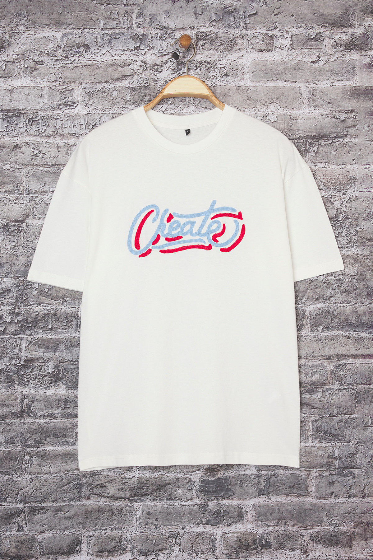 Trendyol Collection-Ecru Embroidered Oversize Cotton T-Shirt - Tmnss25Ts00226 6