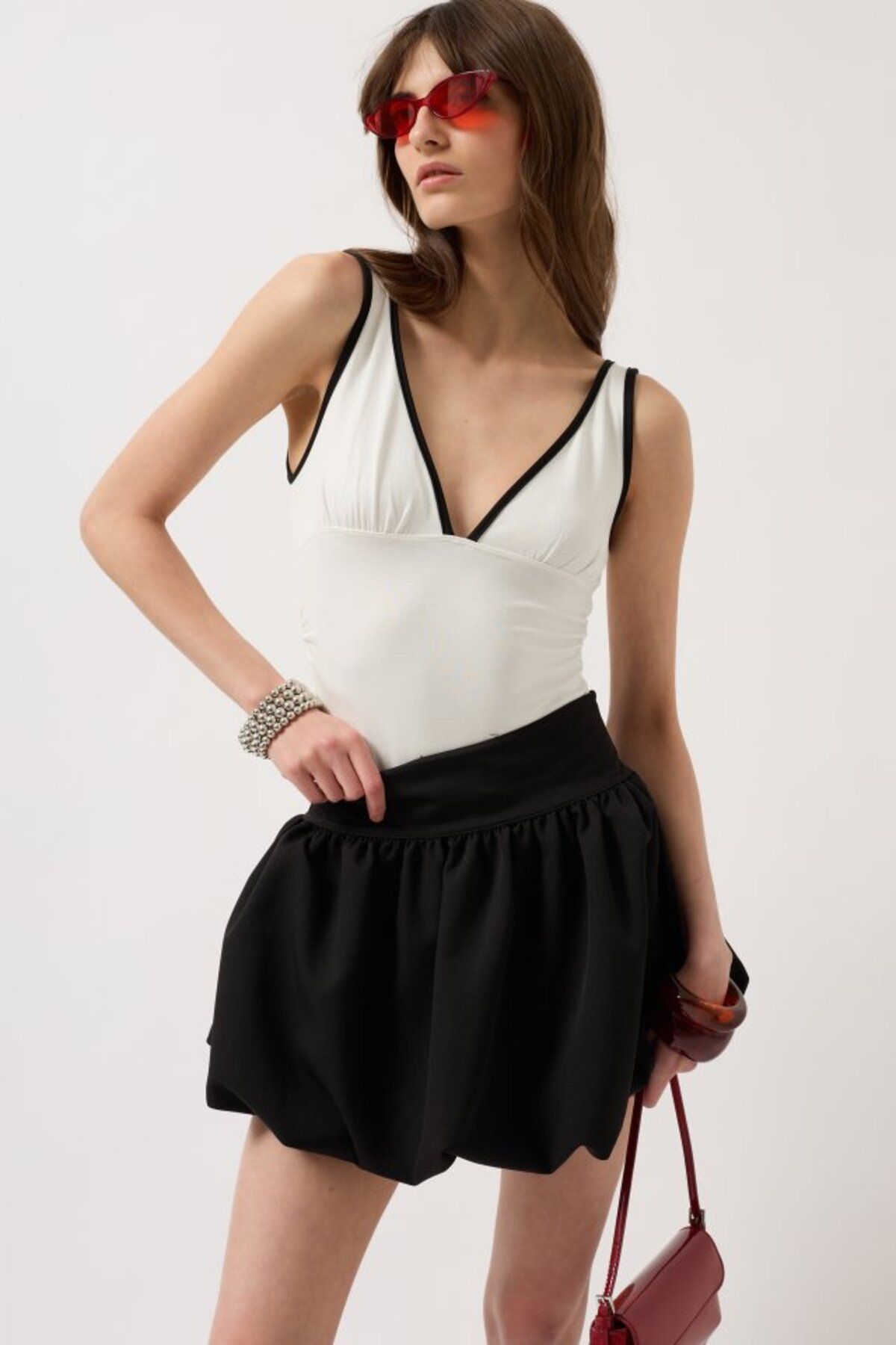 velmorafashion Balon Detay Mini Etek