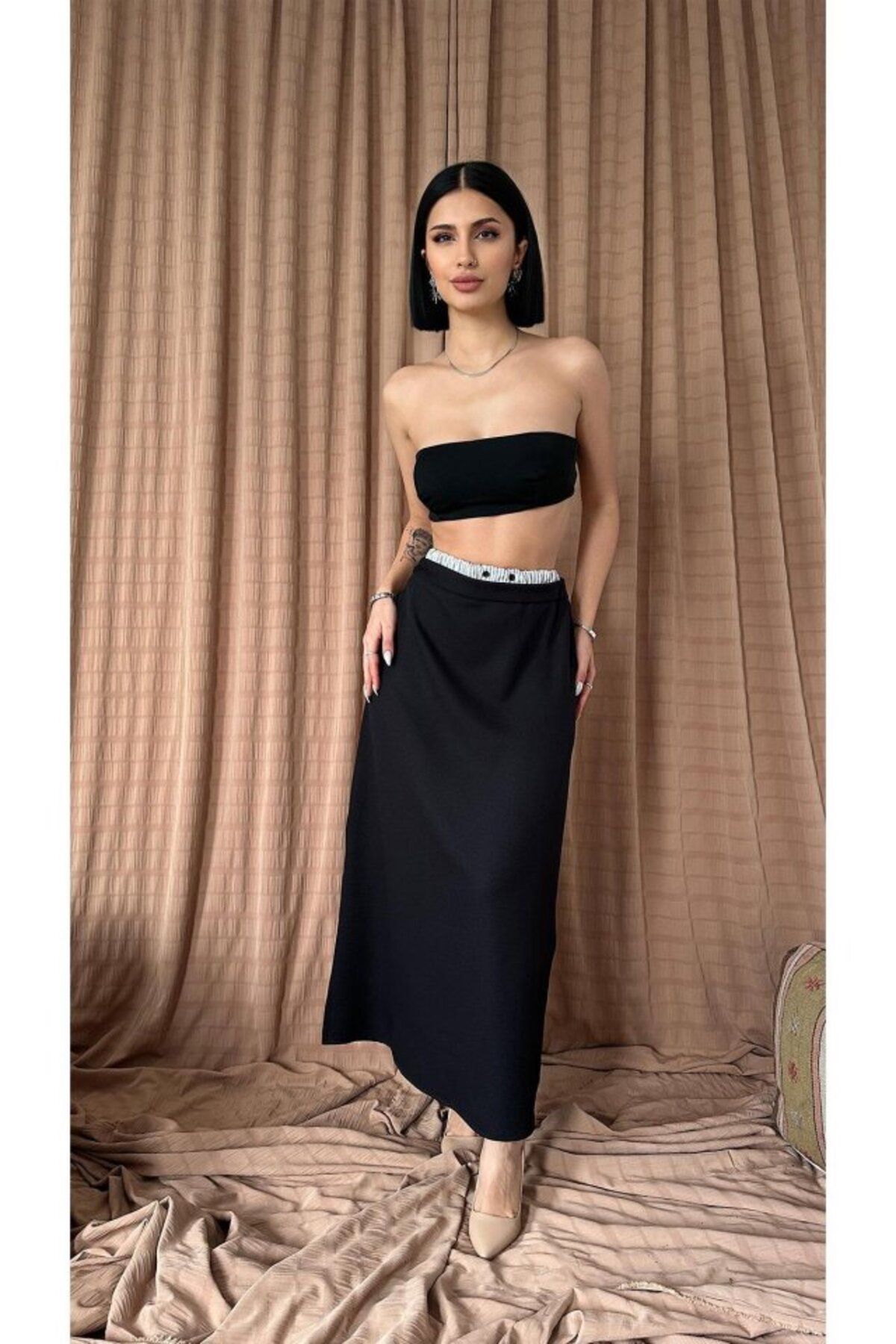 velmorafashion Siyah Beli Lastikli Etek