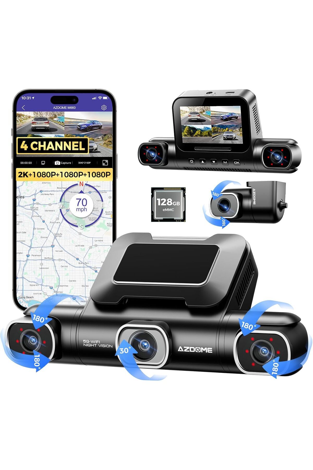 AZDOME M660 4K 360° Dash Cam, 4 Kanal, 128GB eMMC, 5G WiFi, GPS, Gece Görüşü uyumlu