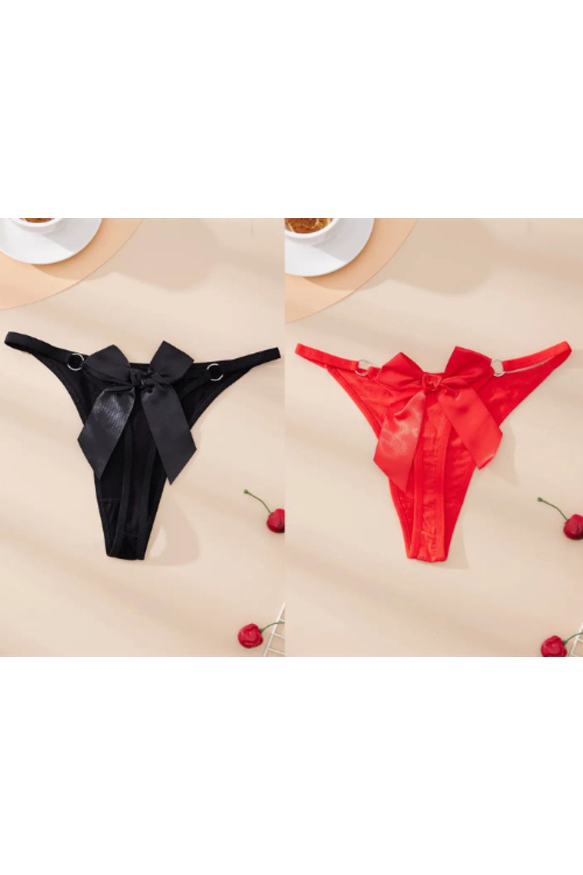redlovehome Tegan Büyük Beden Fantezi Kadın 2'li Fiyonklu Halkalı Tanga TG270044-B