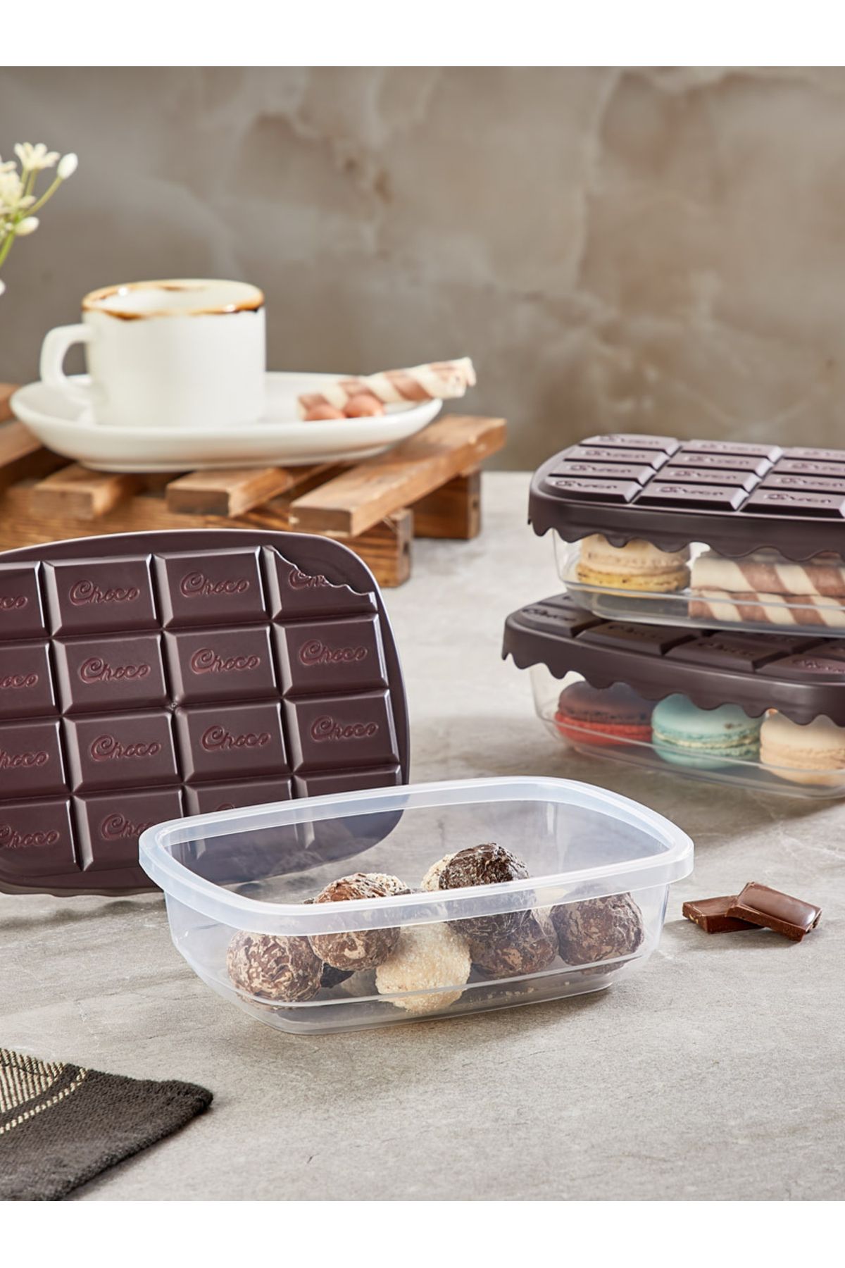 Mapple Home-3-Piece Chocolate Patterned Storage Container with Lid Pastry Cookie Chocolate Food Storage Container 500 ml 1