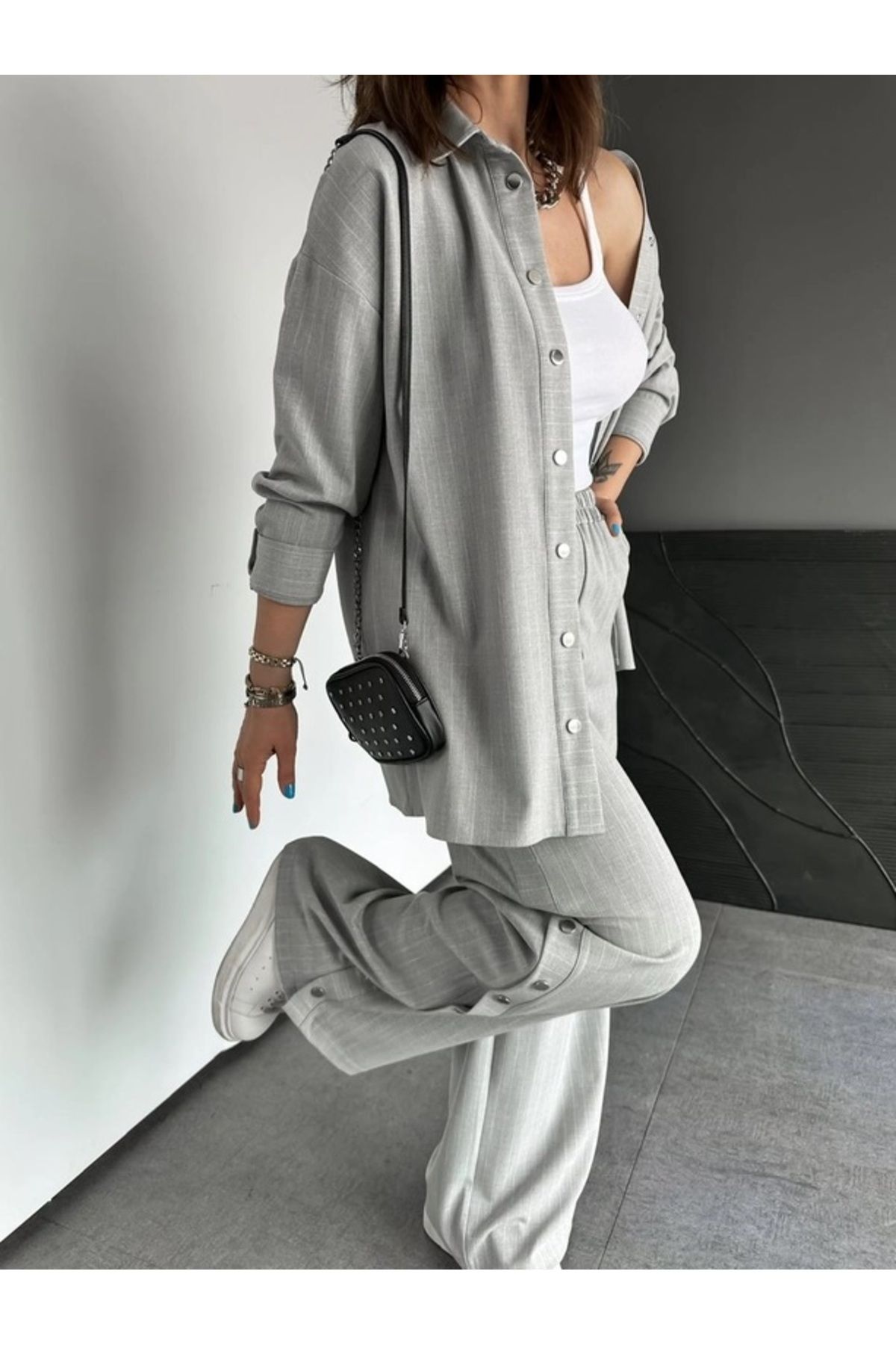 QİMYA BUTİK-Qimene Women's Oversize Striped Shirt and Trousers with Snap Detail Bottom-Top Two Piece Set 5