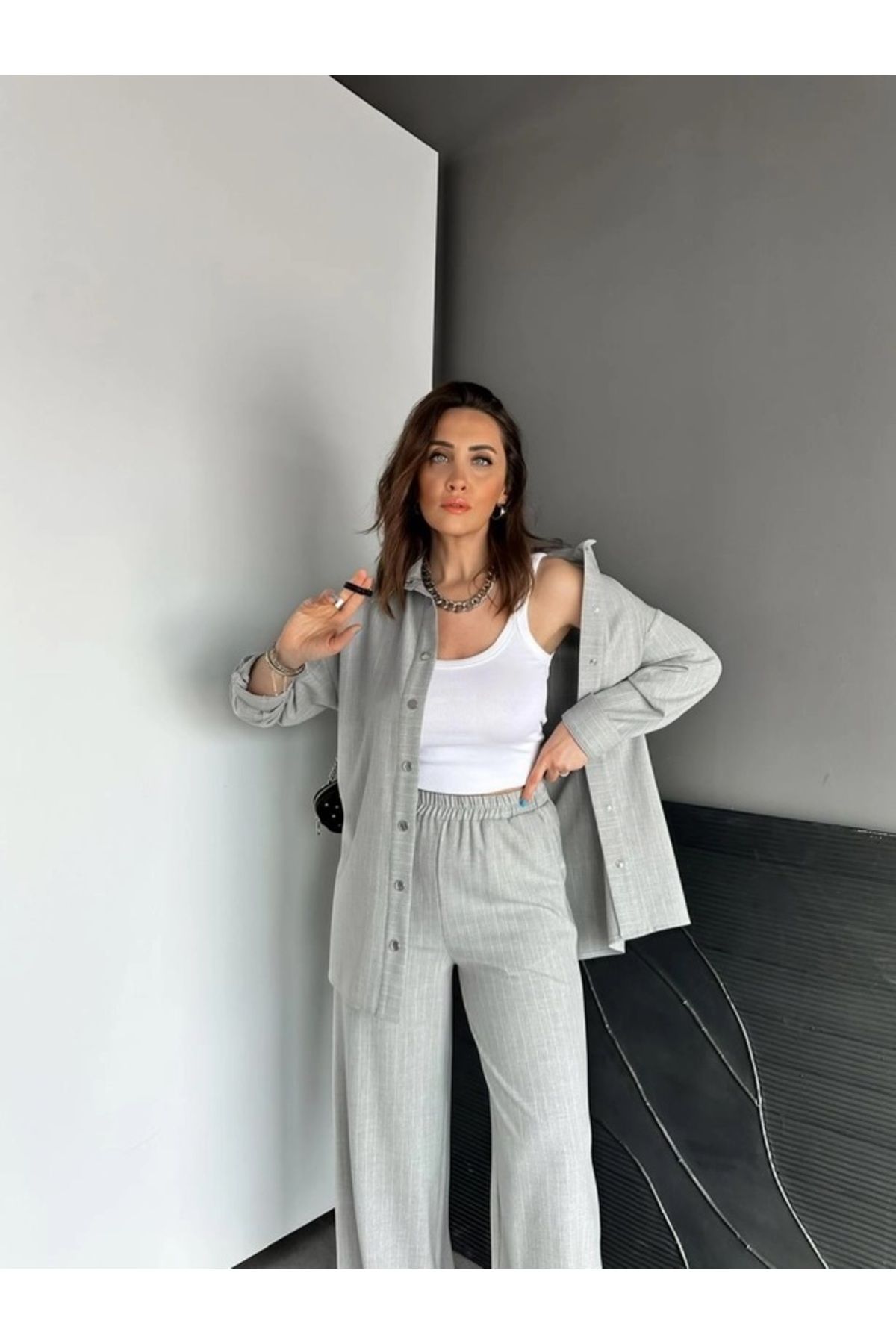 QİMYA BUTİK-Qimene Women's Oversize Striped Shirt and Trousers with Snap Detail Bottom-Top Two Piece Set 2