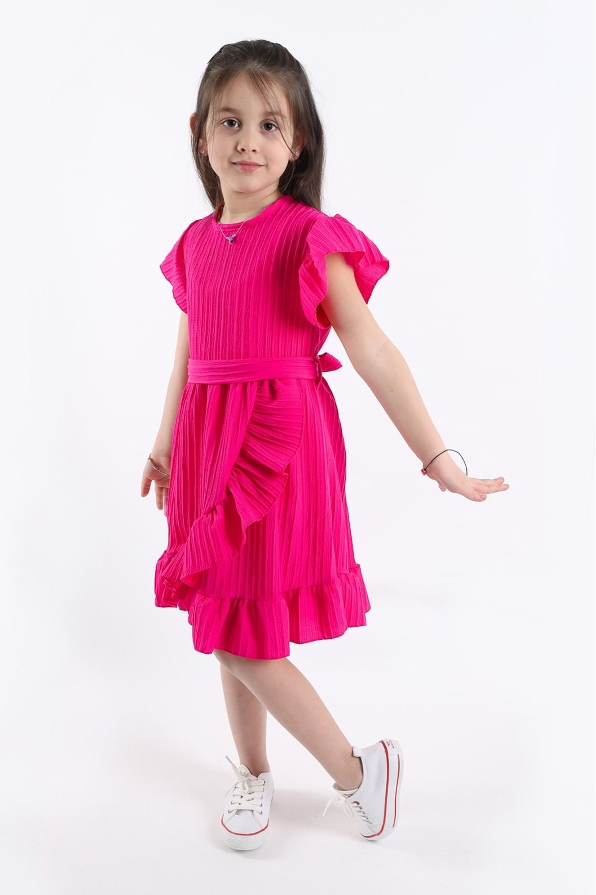 aden kids-👉   Rochie de vară cu volane pentru fete - culoare fucsia, 2-8 ani - model din lycra și curea 2