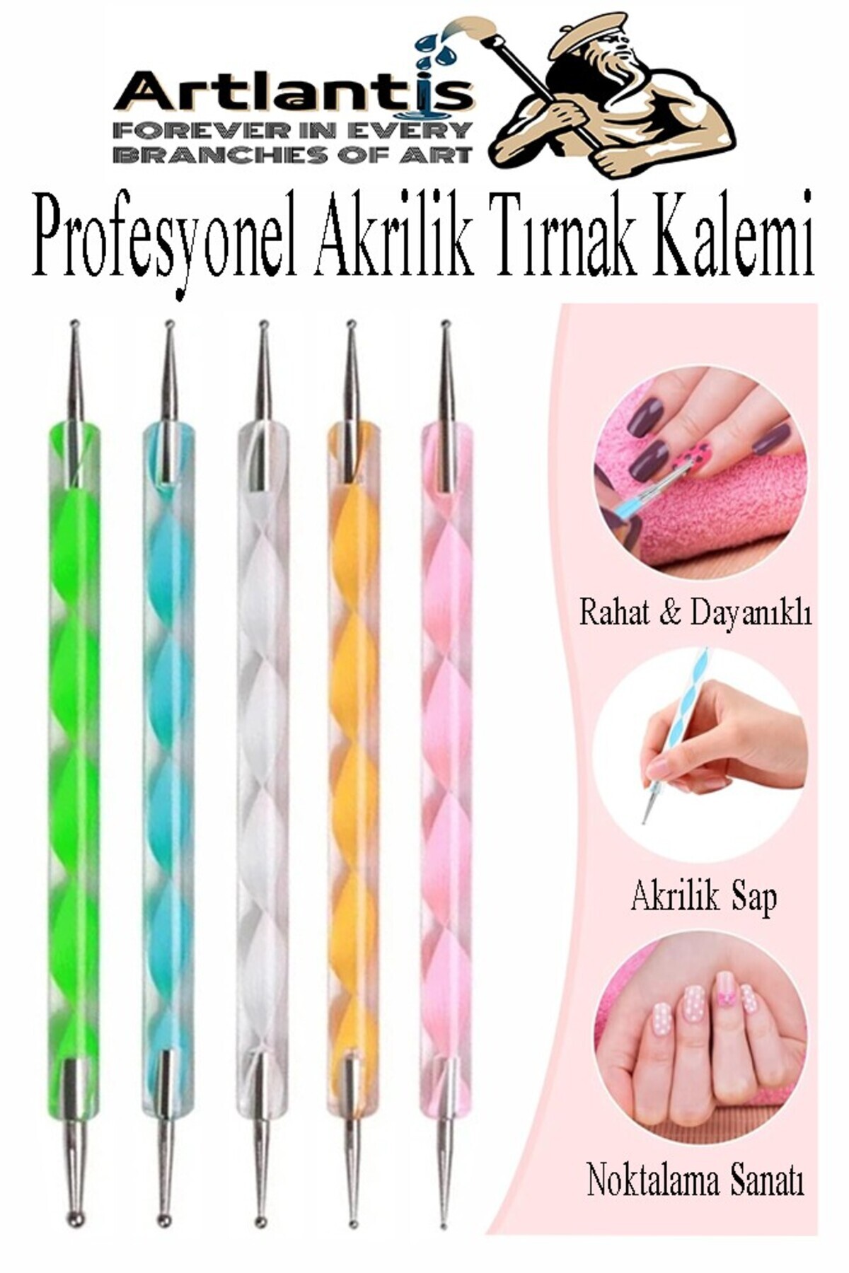 Artlantis Tırnak Şekillendirme Kalemi 5 li 1 Paket Nail Art Metal Başlıklı Tırnak Süsleme Kalemi Nokta Boyama