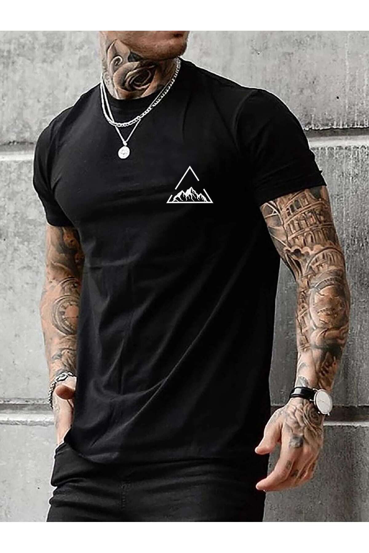 MEİLİFENG Üçgen Dağ Baskılı Oversize Bisiklet Yaka T-Shirt