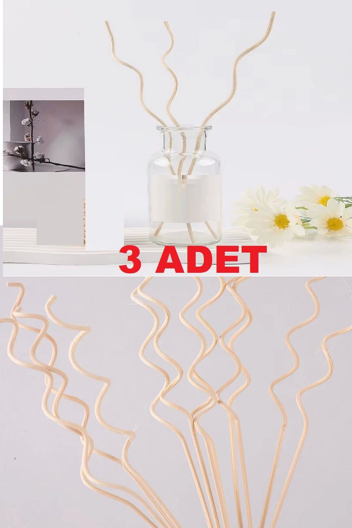 ÇERÇİCİ 3 Adet Dalgalı Model Aromaterapi Dağıtıcı Rattan Sopa- Ev Dekor Şişe - Koku Yağı Ahşap Difüzör Çubuk