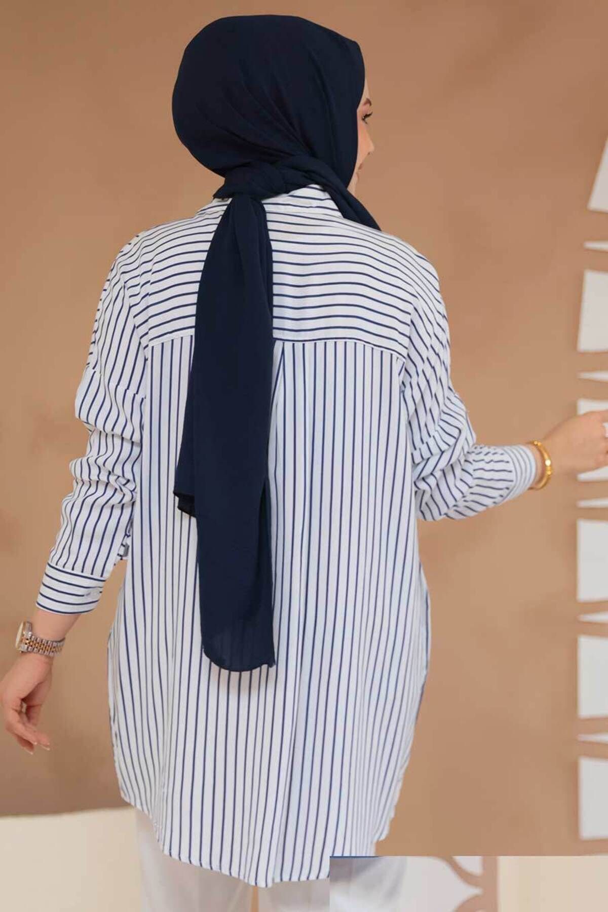 Neva Style-Tunica Hijab albă cu dungi 20417B 3