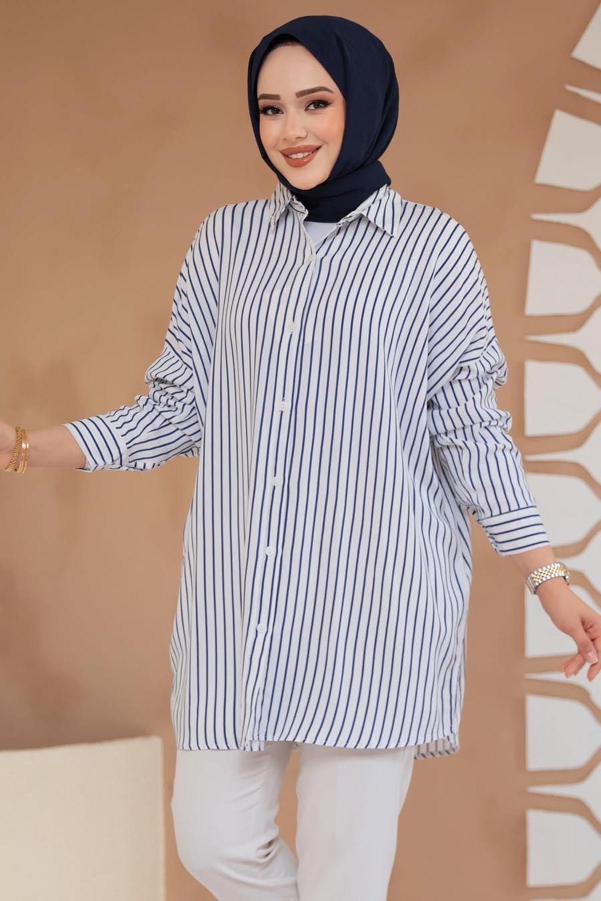 Neva Style-Tunica Hijab albă cu dungi 20417B 2