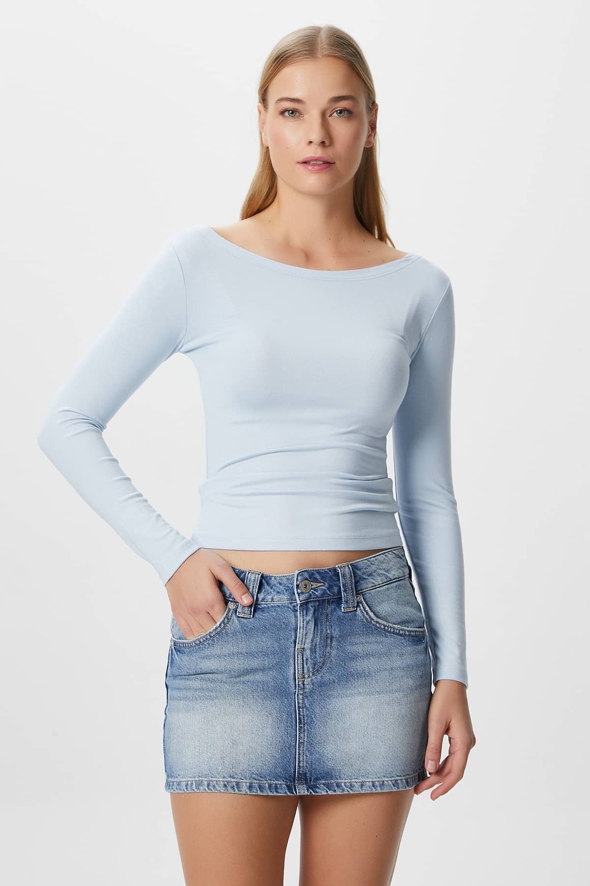 Ritnice Kayık Yaka Need Uzun Kollu Açık Mavi Soft Top / Bluz görsel 3