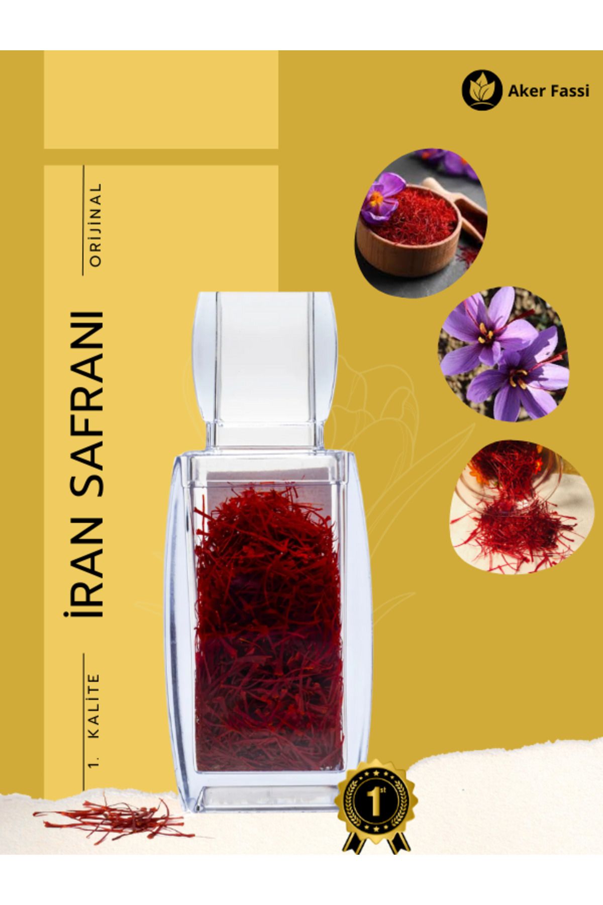 Aker Fassi İran Safranı, A Kalite Baharat, 1 gr Organik Super Negin Iran Safran, %100 Orijinal