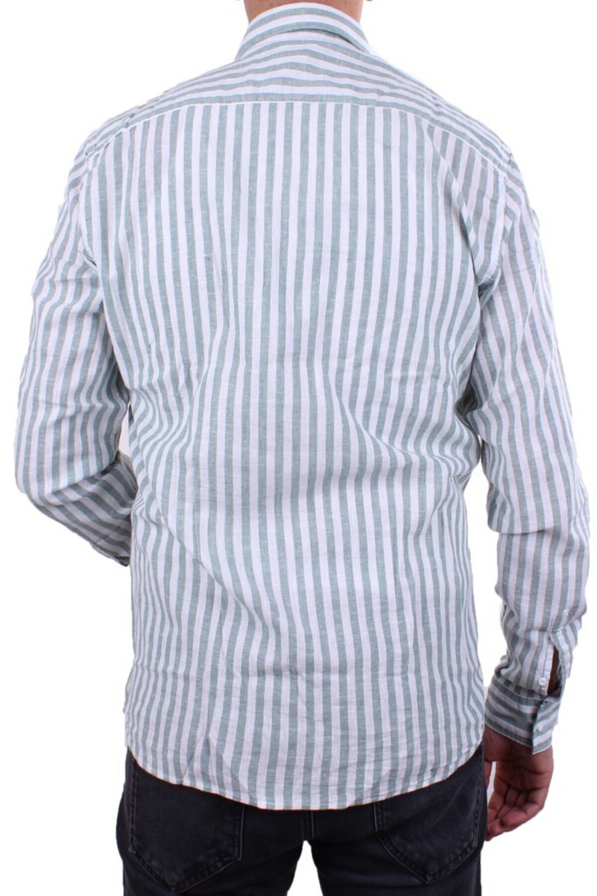 Twister Jeans-Twister 1905 Green Striped Long Sleeve Casual Cotton Blended Linen Men's Shirt 4