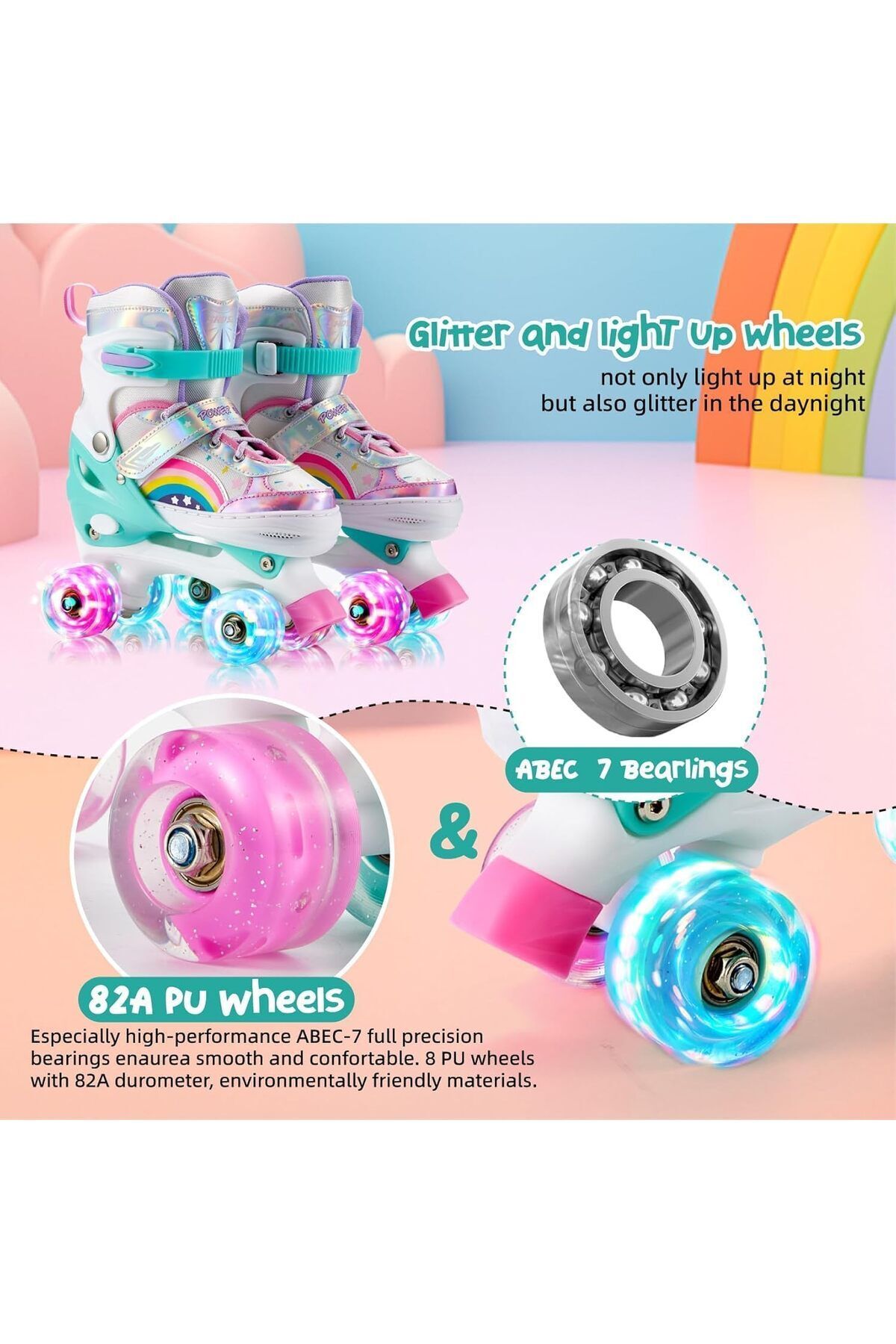 MAAS-Roller Skates for Kids, Adjustable, Colourful Design, with LED Lights Size 35-38 2