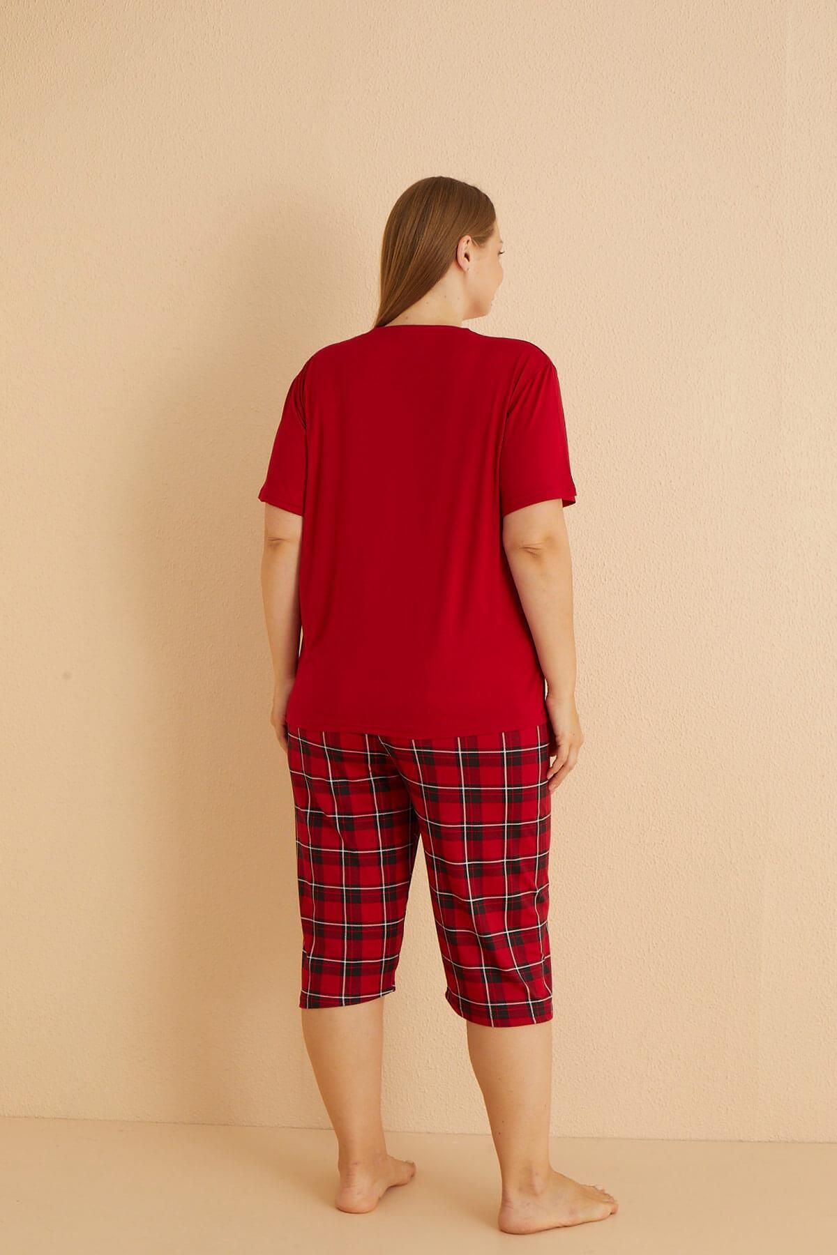 Pijamaevi-Red Bonjour Patterned Bamboo Capri Short Sleeve Oversize Pajama Set 3