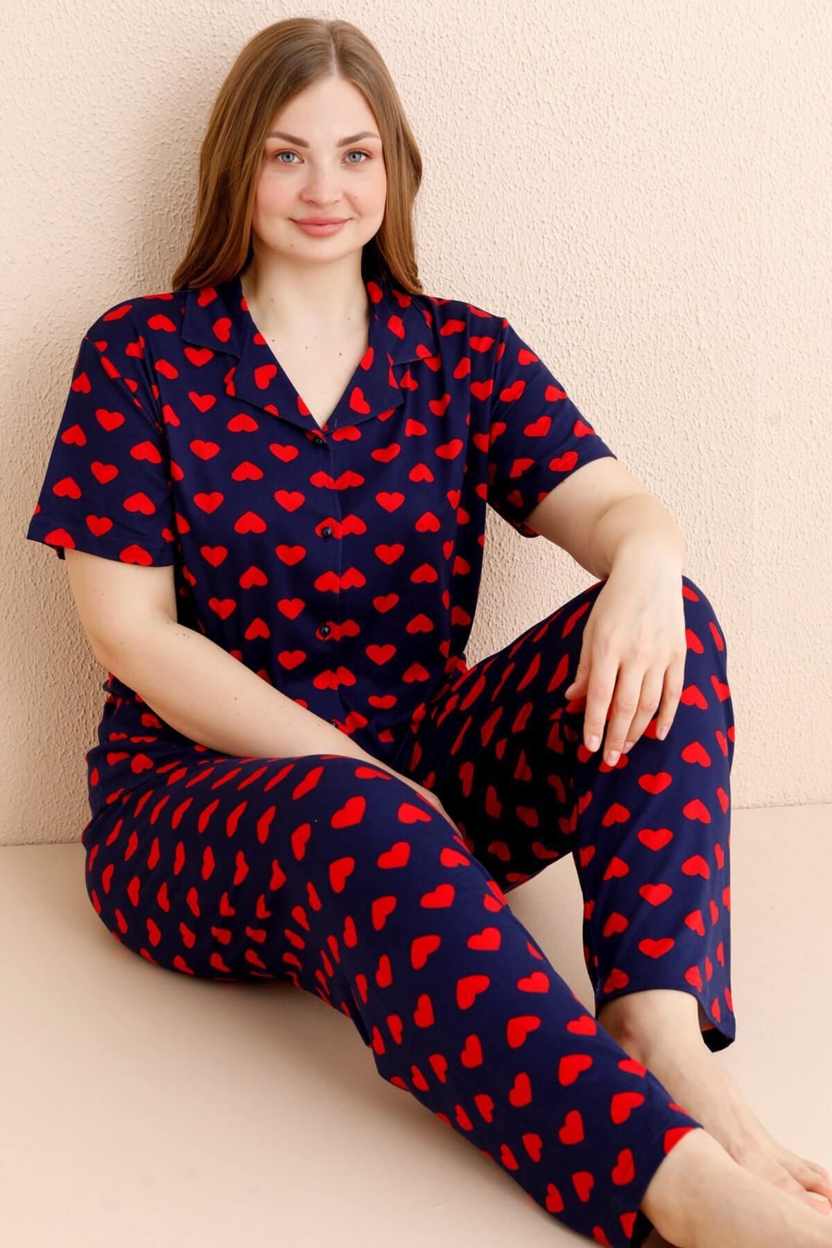 Pijamaevi Granatowy Nocturne Wzorzysty Bambusowy Przód Zapinany Na Guziki Krótki Rękaw Plus Size Oversized Piżama Set Kobieta - 5XL