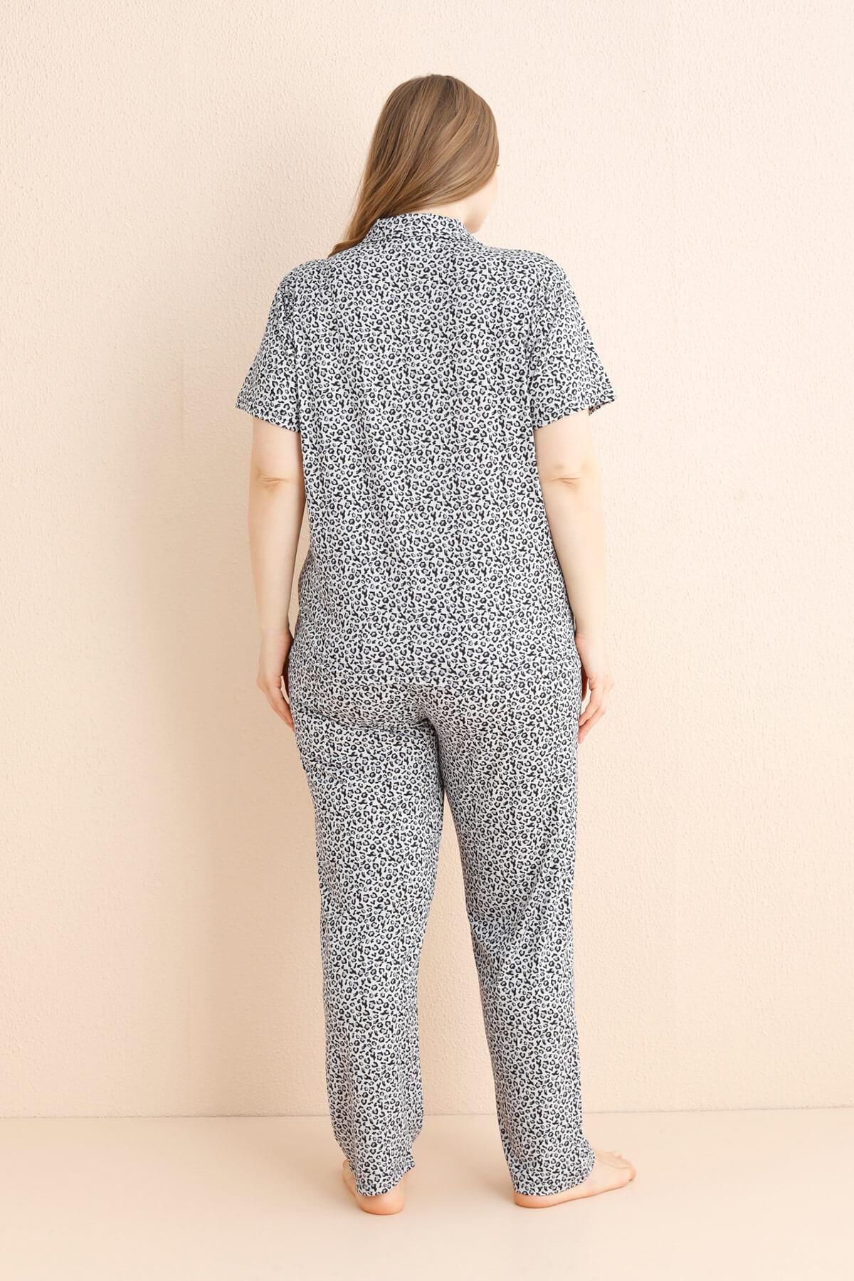 Pijamaevi-Gray Leopard Patterned Bamboo Front Buttoned Short Sleeve Large Size Oversize Pajama Set 3
