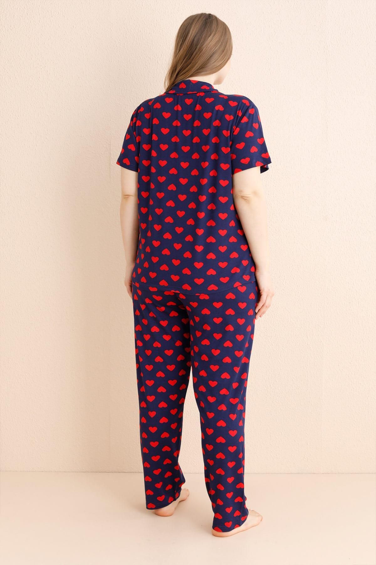Pijamaevi-Navy Blue Nocturne Patterned Bamboo Front Buttoned Short Sleeve Large Size Oversize Pajama Set 3