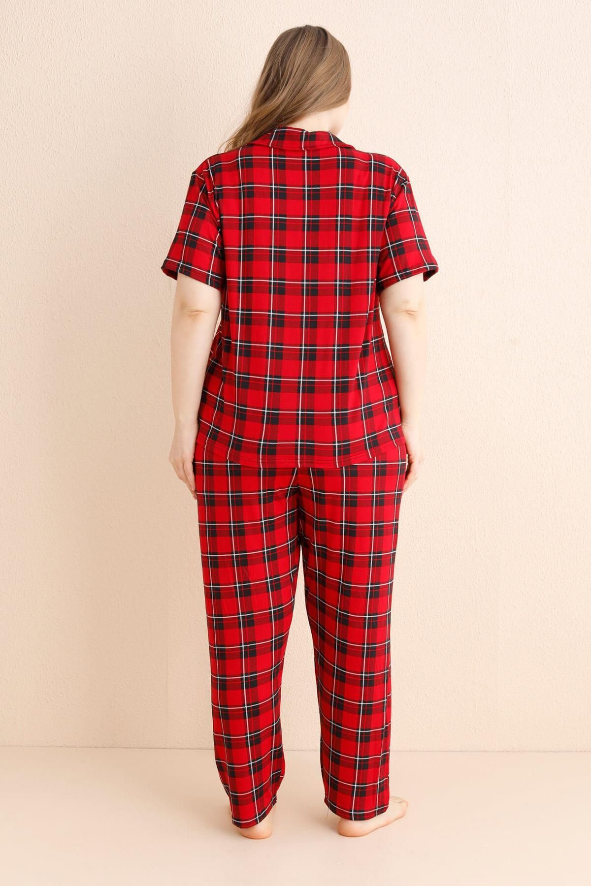 Pijamaevi-Set de pijamale oversize cu mâneci scurte, cu nasturi în față, din bambus, cu model scoțian roșu 3