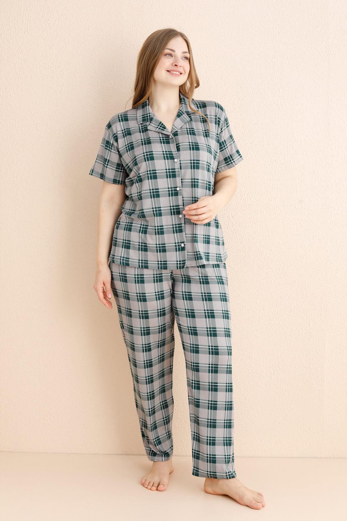 Pijamaevi-Set de pijamale oversize cu mânecă scurtă, cu nasturi în față, din bambus, cu model verde scoțian 2