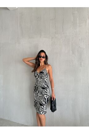 Sunlit Collections Kadın Siyah Beyaz Zebra Desenli Spagetti Askılı Yazlık Elbise