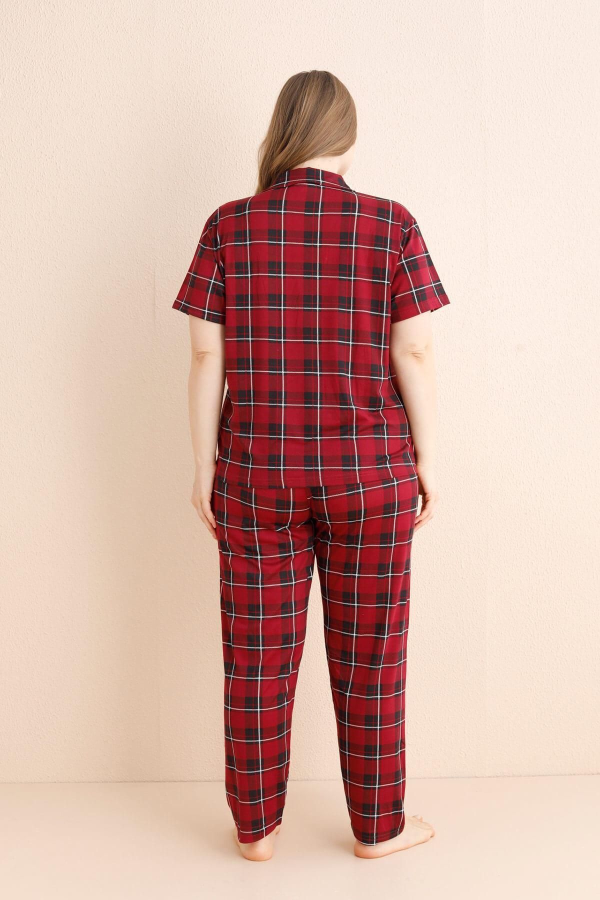 Pijamaevi-Burgundy Scottish Charm Patterned Bamboo Front Buttoned Short Sleeve Large Size Oversize Pajama Set 3