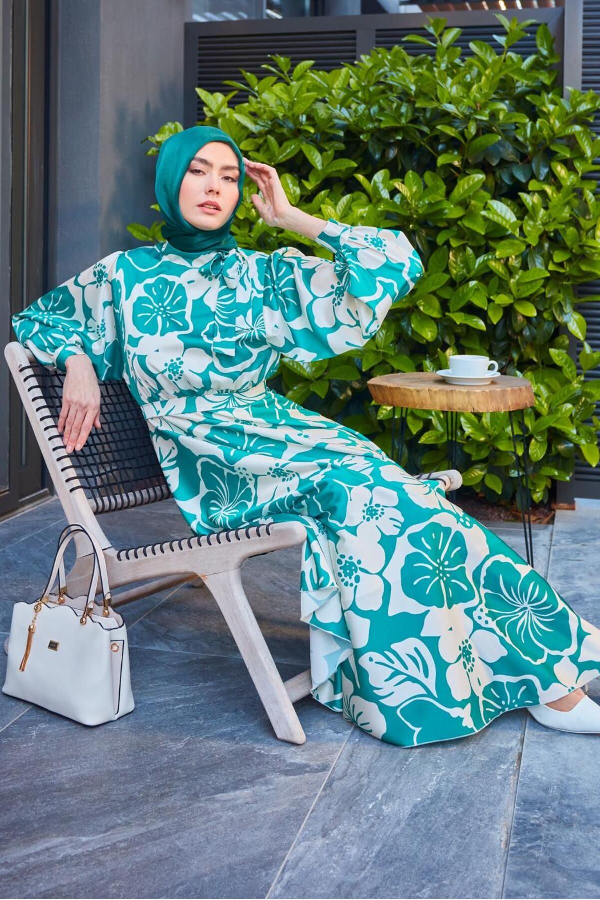 لباس ساتن طرح گل با یقه بند 43769 Alvina
