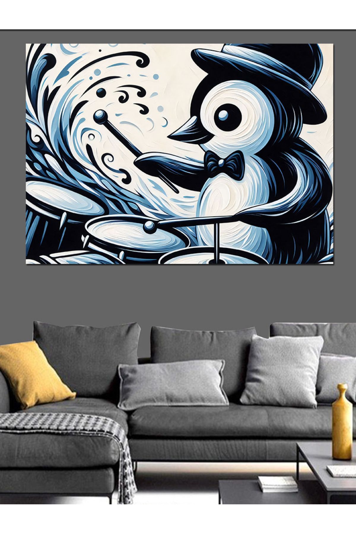 karizmart-Drum Playing Penguin Decorative Canvas - Mdf Wooden Table 5