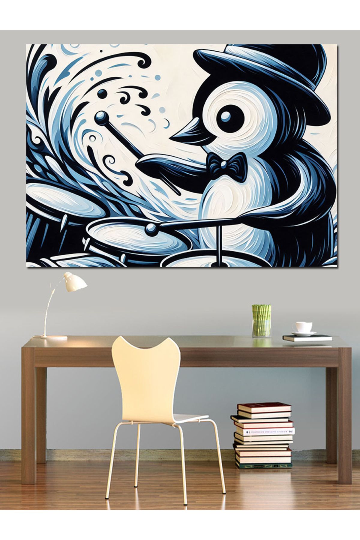 karizmart-Drum Playing Penguin Decorative Canvas - Mdf Wooden Table 4