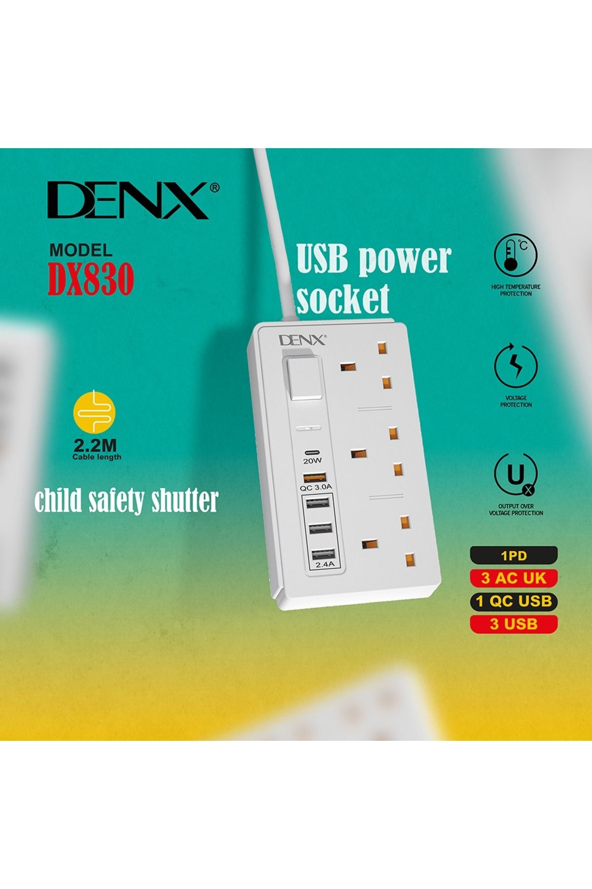 Denx-DX830 - مقبس طاقة بريطاني (3 منافذ بريطاني + 3 منافذ USB-A + PD + QC) 3