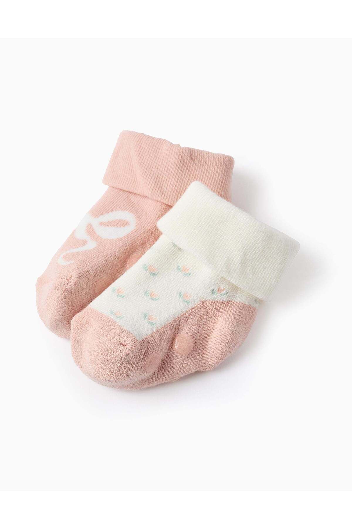 Ziddy-Pack of 2 Non-Slip Socks for Baby Girls 'Flowers', Pink/White 3