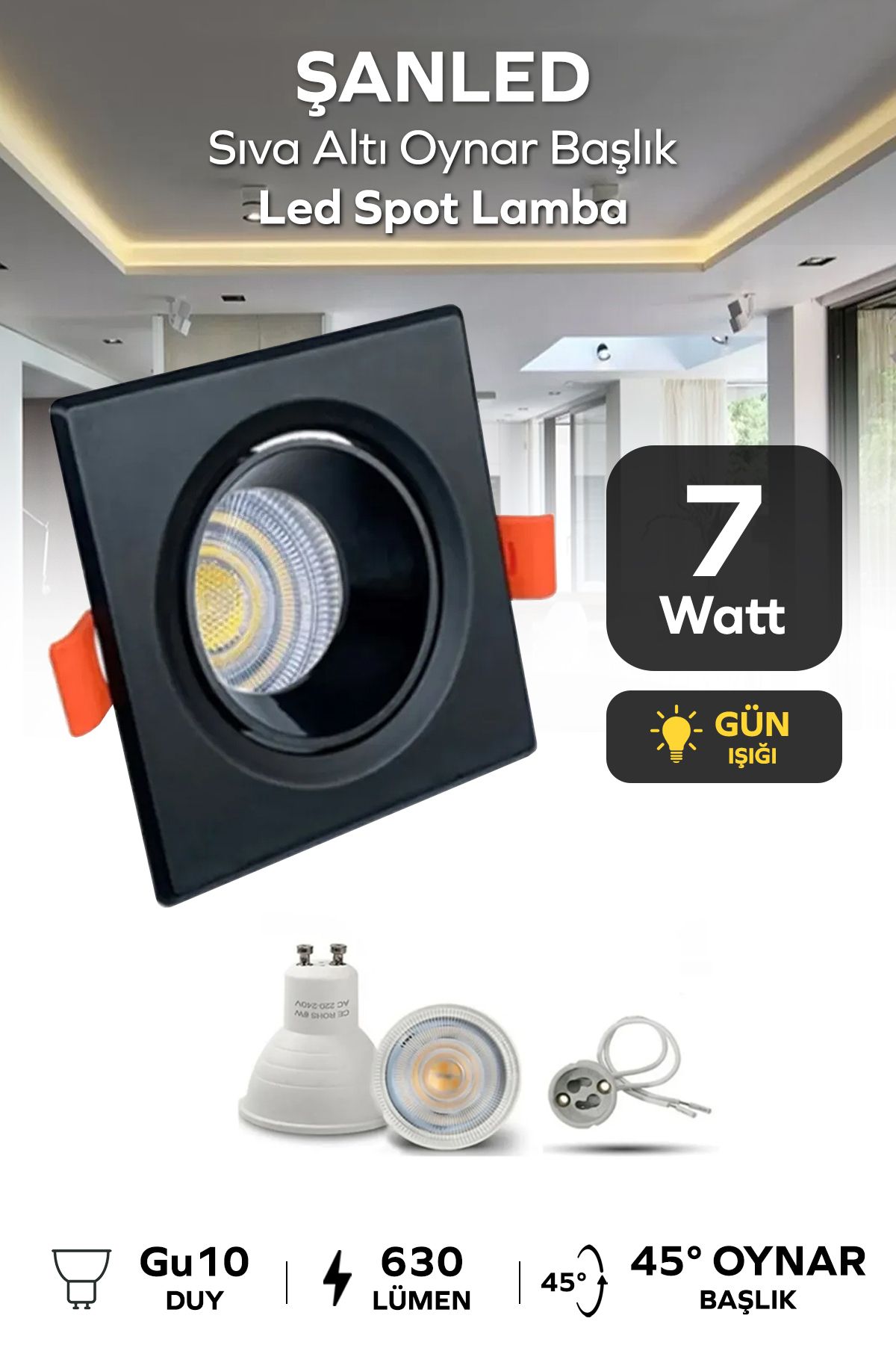 7w Sıva Altı Oynar Başlık Gu10 Kare Siyah Kasa Gün Işığı Led Spot Lamba-1 Adet
