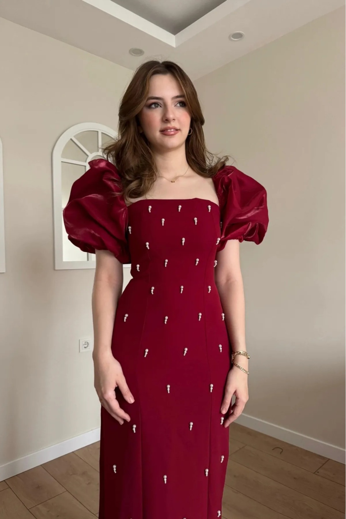 Afiş Butik  İnci İşlemeli Balon Kollu Uzun Gece Elbisesi - Görsel 3